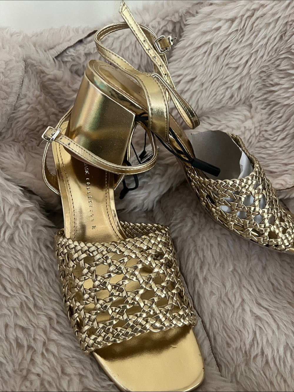 Zara Basic Collection Gold Woven Block Heel Sandals - Women